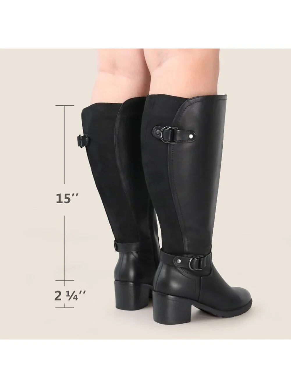 Women's Black Wide Calf Block Heel and Decorated Double Buckle  Knee High Boots